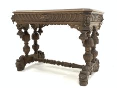 Victorian oak hall table, moulded edge with canted corners, carved frieze with lion masks,