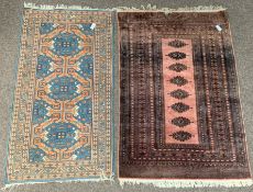 Persian Bokhara ground rug, gul motif, repeating border (185cm x 123cm) and a Turkish design rug,