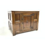 Oak Low cupboard, single fielded panelled door with carved lozenge decoration, stile supports,