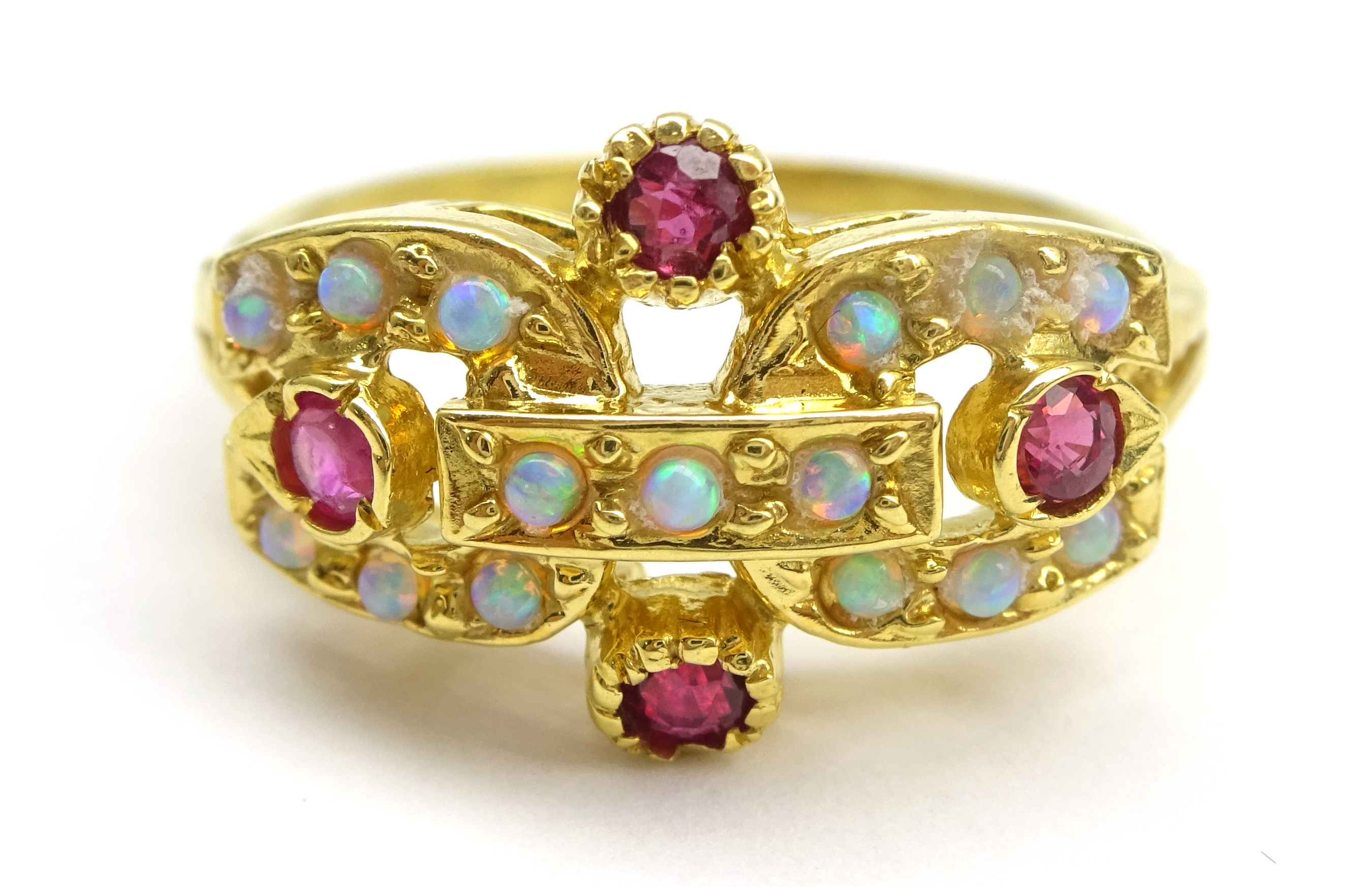 Silver-gilt opal and garnet ring,
