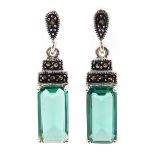 Pair of silver marcasite and stone set pendant earrings,