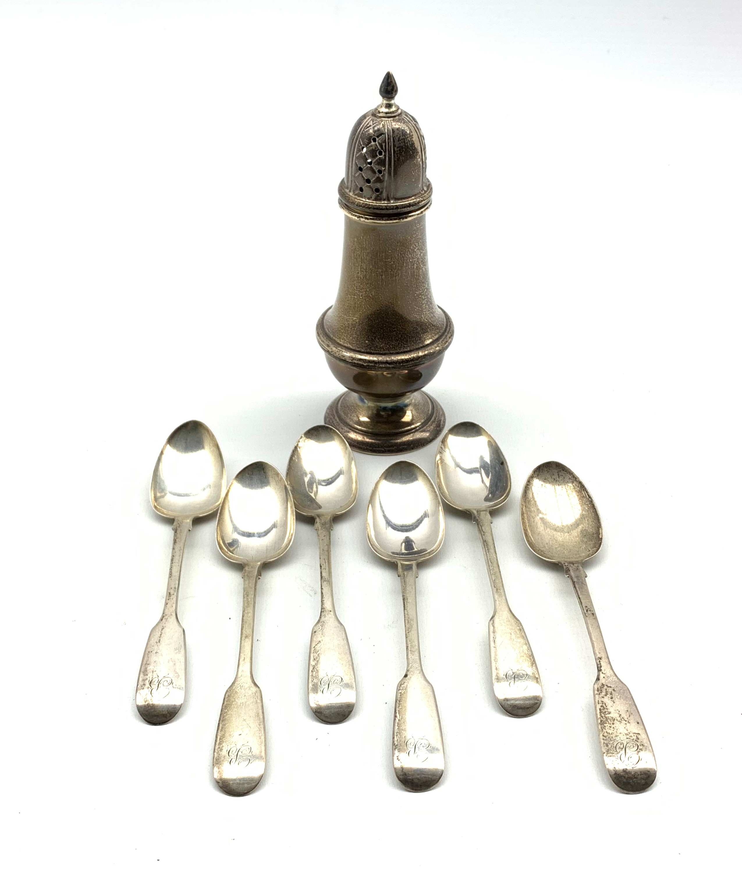 Silver vase shape sugar castor Birmingham 1973 H14cm and a set of six Victorian silver fiddle