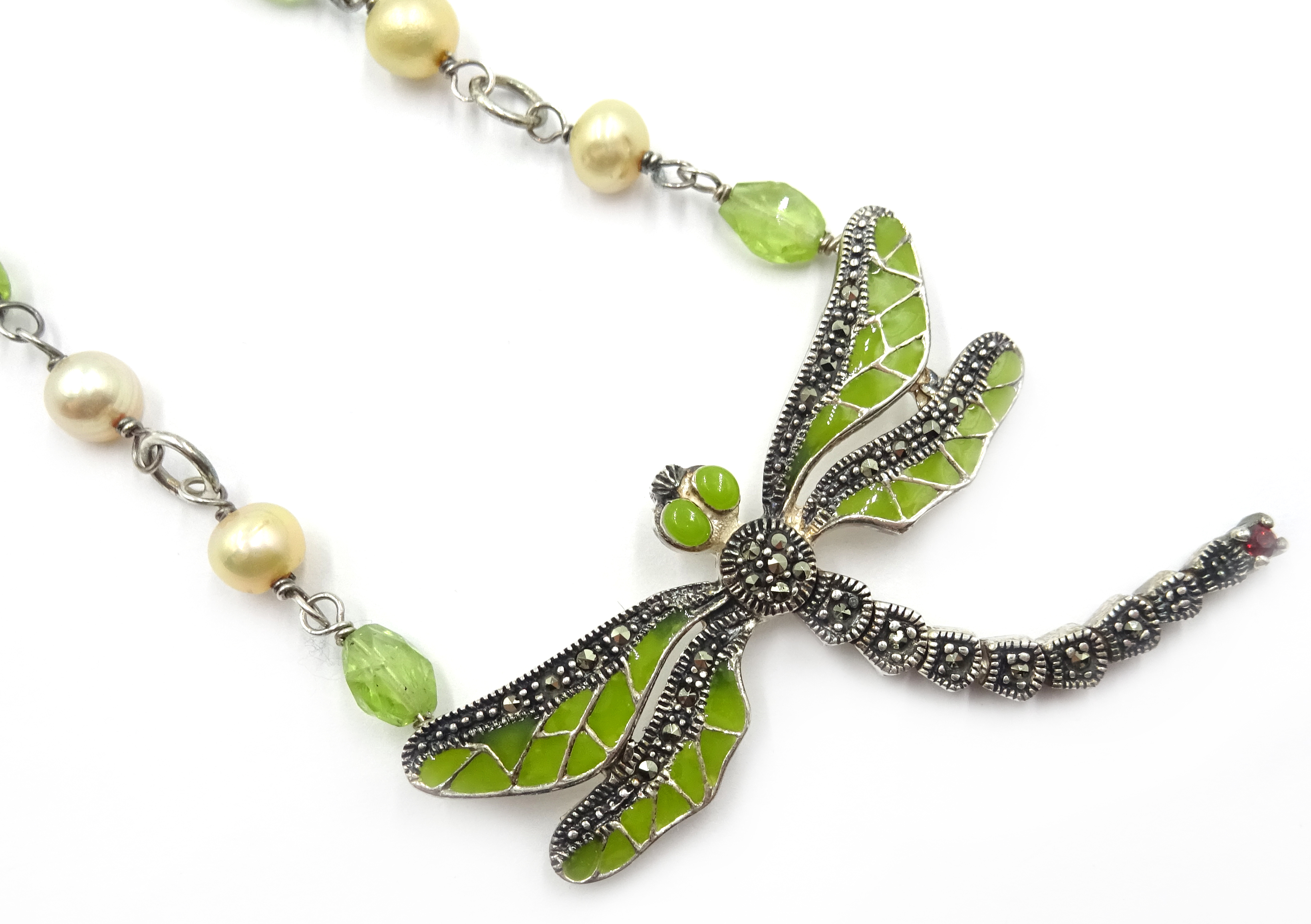 Silver peridot, pearl marcasite and enamel dragonfly necklace, - Image 2 of 4