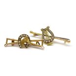 Early 20th century gold horse and horseshoe set with seed pearls bar brooch and a gold seed pearl