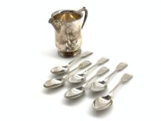 Silver cream jug with angular handle Birmingham 1927 and a set of six silver fiddle patterns tea