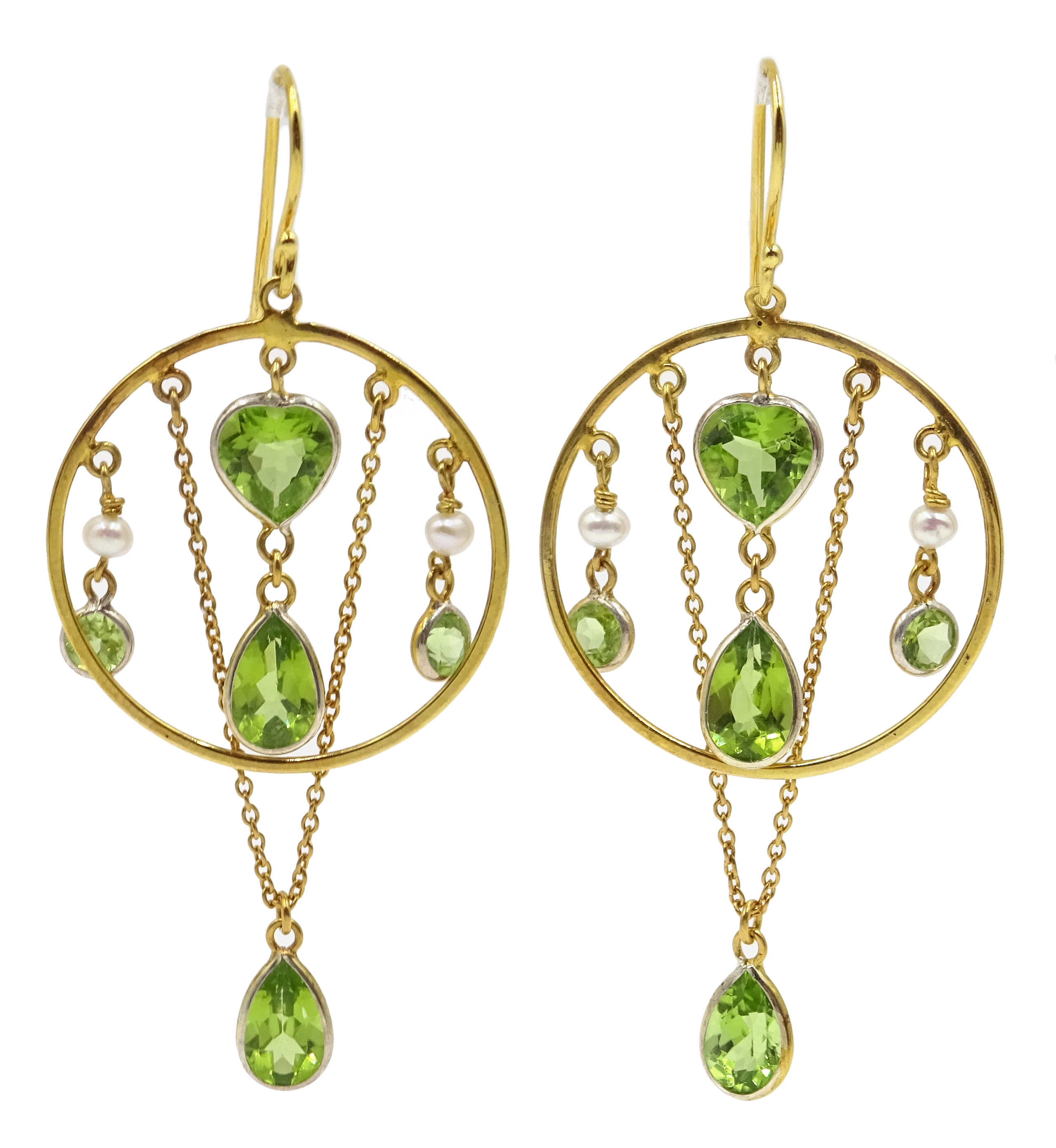 Pair of peridot and seed pearl circular pendant earrings Condition Report & Further