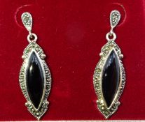 Silver black onyx and marcasite pendant earrings,