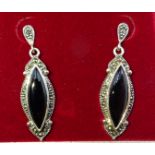 Silver black onyx and marcasite pendant earrings,