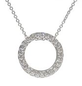 18ct white gold diamond circular pendant necklace, stamped 750, diamond total weight 0.