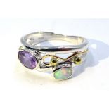 Silver and gold amethyst and opal ring,