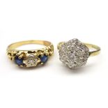 9ct gold diamond cluster ring hallmarked and a 9ct gold (tested) three stone diamond and sapphire