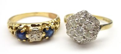 9ct gold diamond cluster ring hallmarked and a 9ct gold (tested) three stone diamond and sapphire