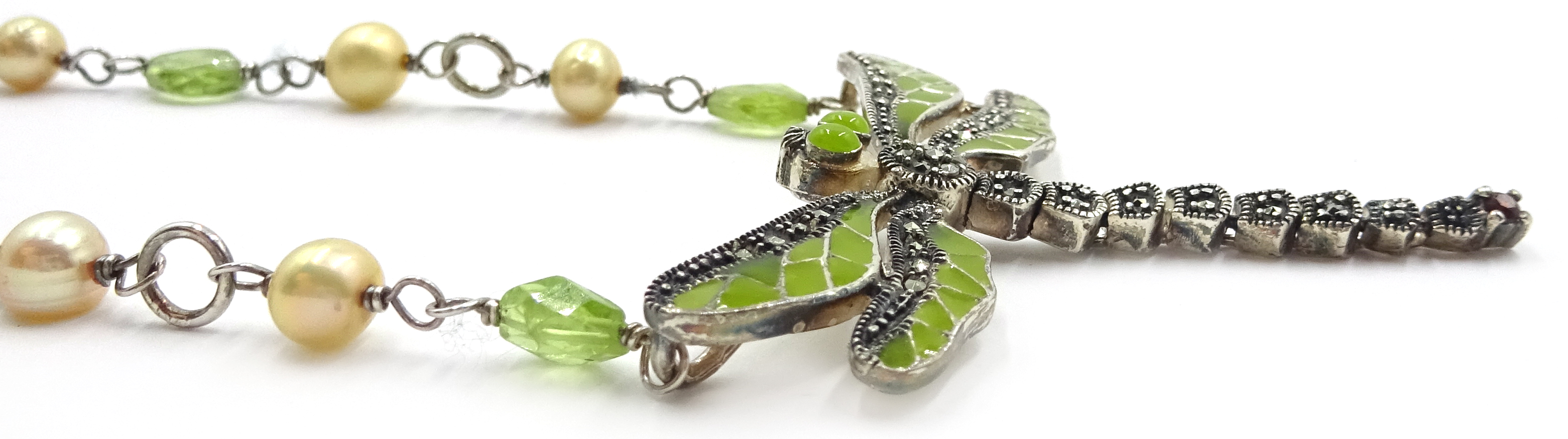 Silver peridot, pearl marcasite and enamel dragonfly necklace, - Image 3 of 4
