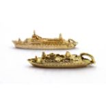 9ct gold 'Canberra' ship pendant, hallmarked and 9ct gold (tested) 'Sea Princess' pendant, approx 5.