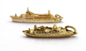9ct gold 'Canberra' ship pendant, hallmarked and 9ct gold (tested) 'Sea Princess' pendant, approx 5.
