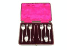 Set of 6 silver apostle teaspoons and sugar tongs,