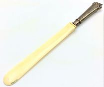 Late 19th Century Continental ivory and silver handled paper knife with engraved initials and dated