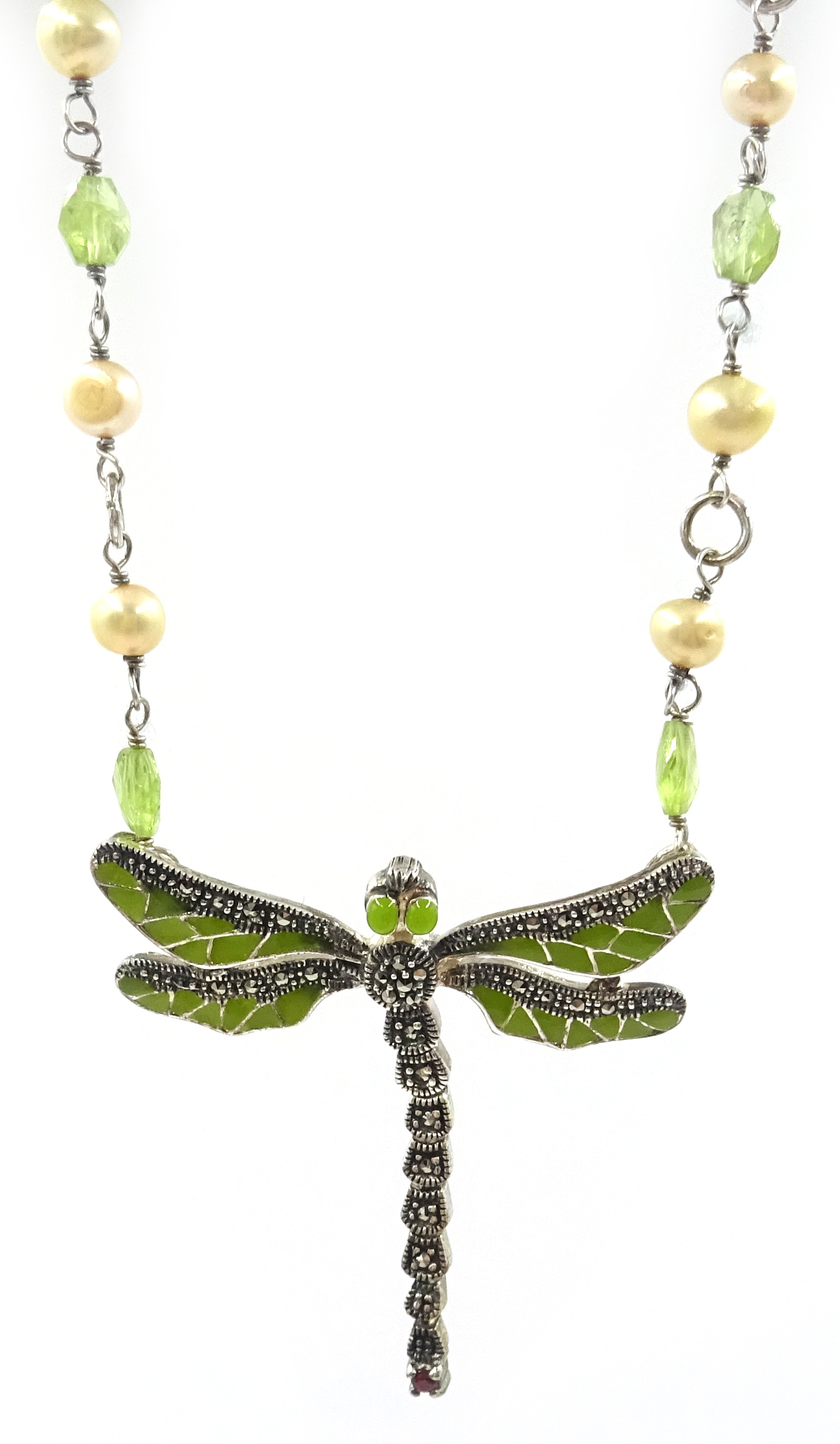 Silver peridot, pearl marcasite and enamel dragonfly necklace,