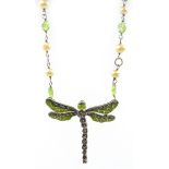 Silver peridot, pearl marcasite and enamel dragonfly necklace,