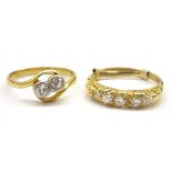 Gold early 20th century five stone diamond ring and a gold two stone crossover ring,