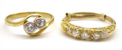 Gold early 20th century five stone diamond ring and a gold two stone crossover ring,