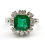 18ct white gold fine emerald and diamond cluster ring hallmarked, emerald 1.
