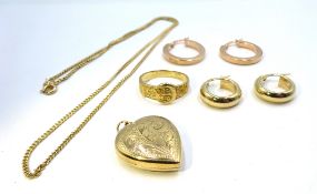 Two pairs of 9ct gold hoop earrings, 9ct gold ring and 9ct gold pendant necklace,