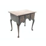 George III oak lowboy, top with moulded edge above one short and two deep drawers, shaped apron,