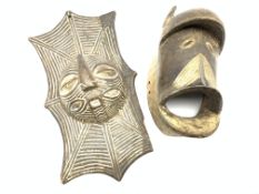 African Congo 'Spiders Web' shield mask 51cm x 27cm and a horned mask