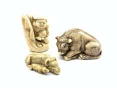 Japanese ivory netsuke in the form of an Okimono with signature mark and two others in the form of