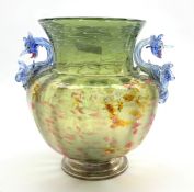 Large Venetian Salviati green glass baluster vase decorated with flecks of orange and silver with