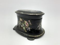 Victorian papier mache two division tea caddy, with mother of pearl decoration, H13.
