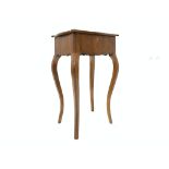 Continental walnut work table, serpentine hinged top revealing compartmentalised storage,