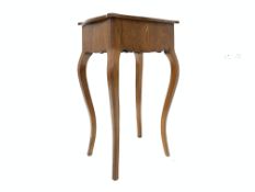 Continental walnut work table, serpentine hinged top revealing compartmentalised storage,
