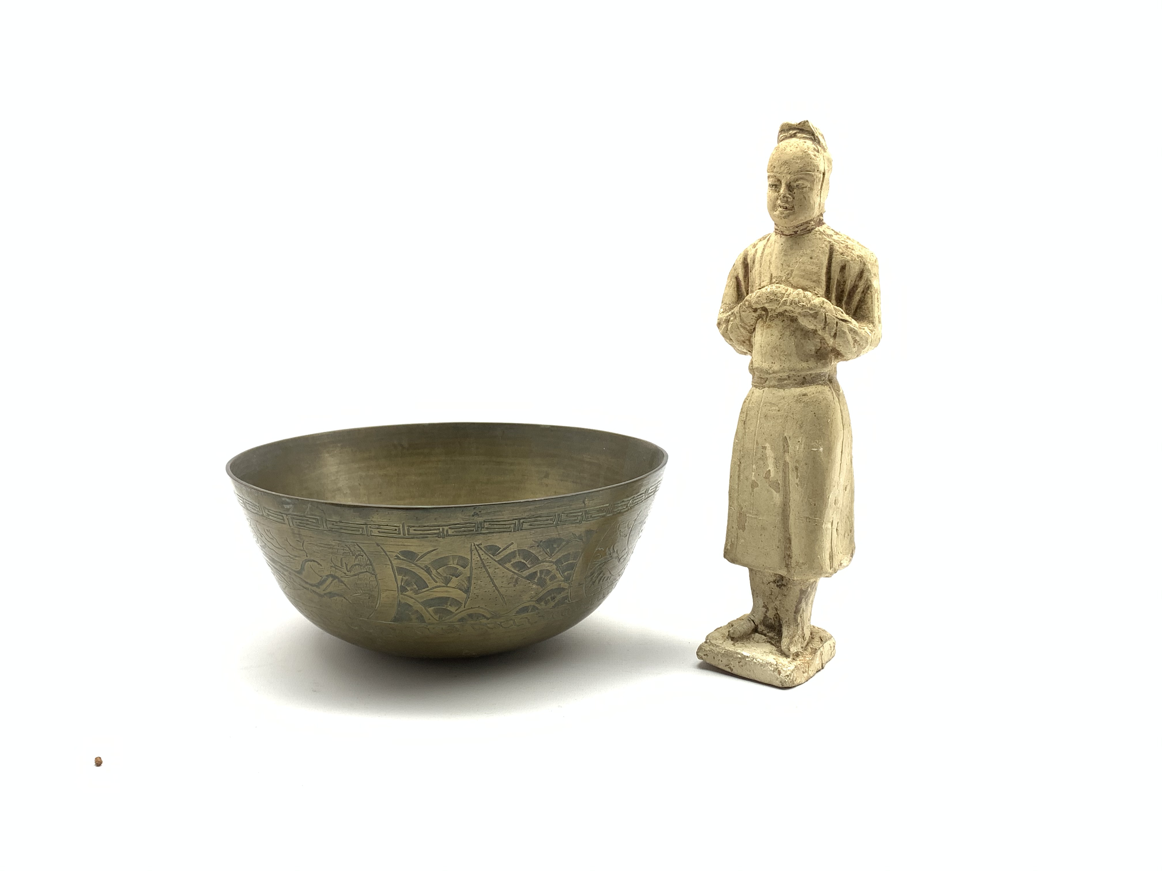 Chinese bronze bowl with engraved decoration and seal mark to base D26cm and a pottery tomb figure