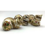 Three Royal Crown Derby Cat paperweights; Cottage Garden Cat,