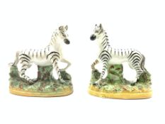 Pair Staffordshire pottery Zebras on naturalistic bases H12cm Condition Report & Further