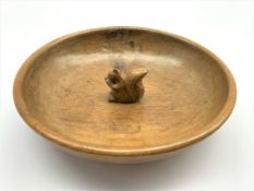 Wilf 'Squirrelman' Hutchinson adzed oak fruit bowl with carved squirrel signature D27cm