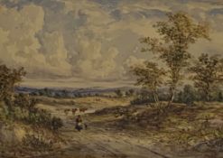 19th Century watercolour, figures and cattle on a country lane,