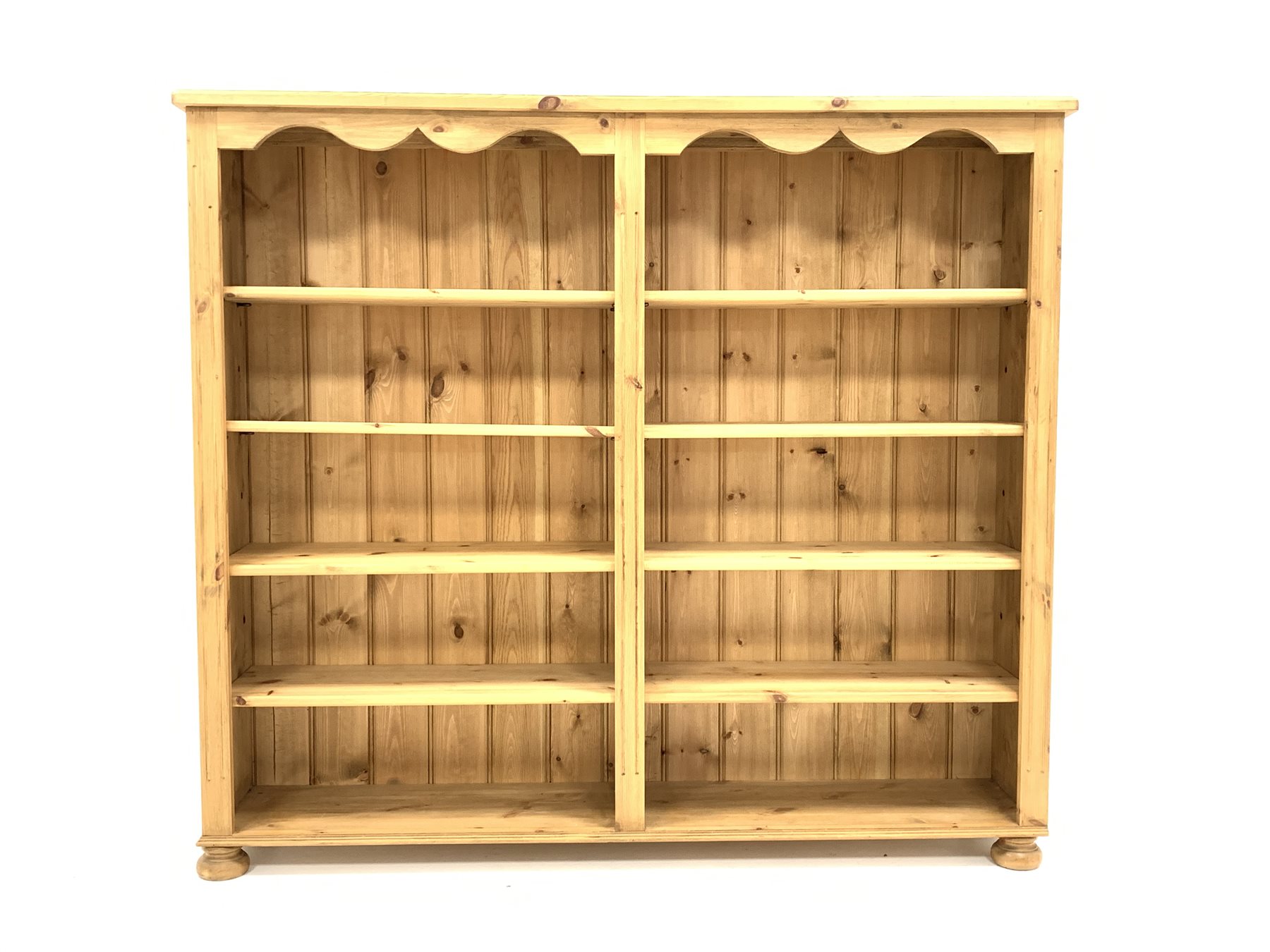 20th century pine open bookcase, rectangular moulded top above shaped apron, - Image 2 of 2