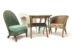 Three Lloyd Loom style chairs, (W68cm) (Max) a Lloyd Loom style glass topped occasional table,