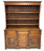 19th century oak dresser, raised three tier plate rack with turned half column moulding,