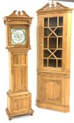 Modern pine long case clock, swan neck pediment above dentil cornice,