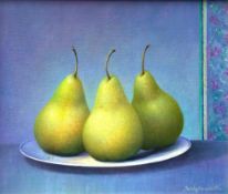 Trisha Hardwick (British 1949-) still life of three pears on a plate, oil on canvas, signed,