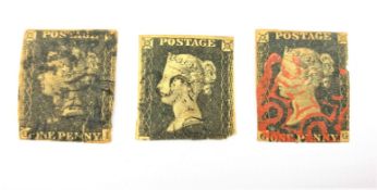 Three Queen Victoria penny black stamps,