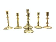 Pair of mid 18th Century brass candlesticks with octagonal bases H19cm,