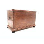 Victorian stained pine blanket box, with hinged lid, raised on compressed bun feet,