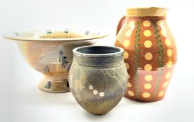 John Wheeldon studio pottery raku vase H16cm, Studio pottery pedestal bowl decorated with wheat,