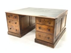 Large Victorian mahogany twin pedestal partners desk, rectangular top with inset skive,