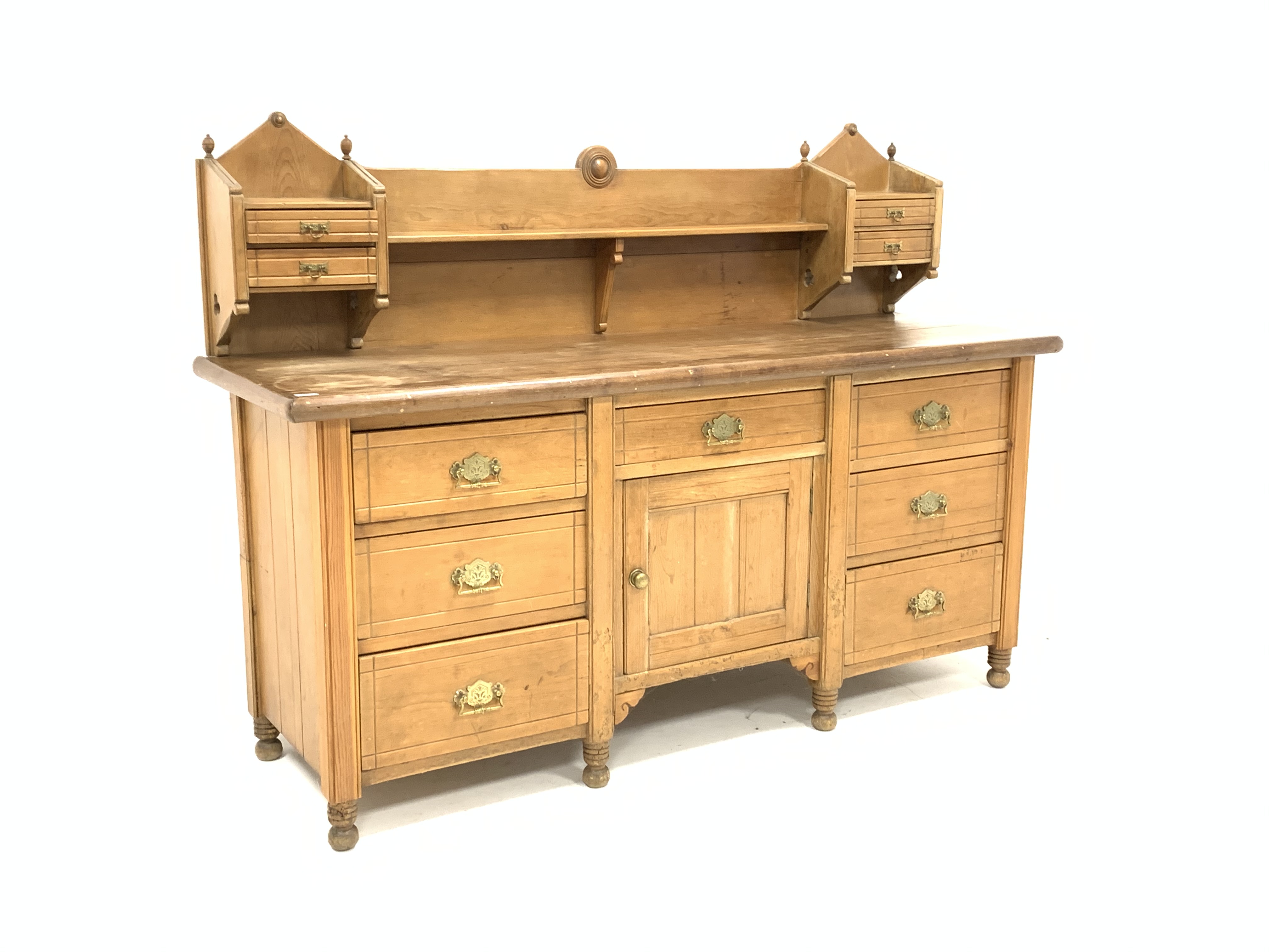 Edwardian pine sideboard dresser, raised back with open shelf and four drawers,